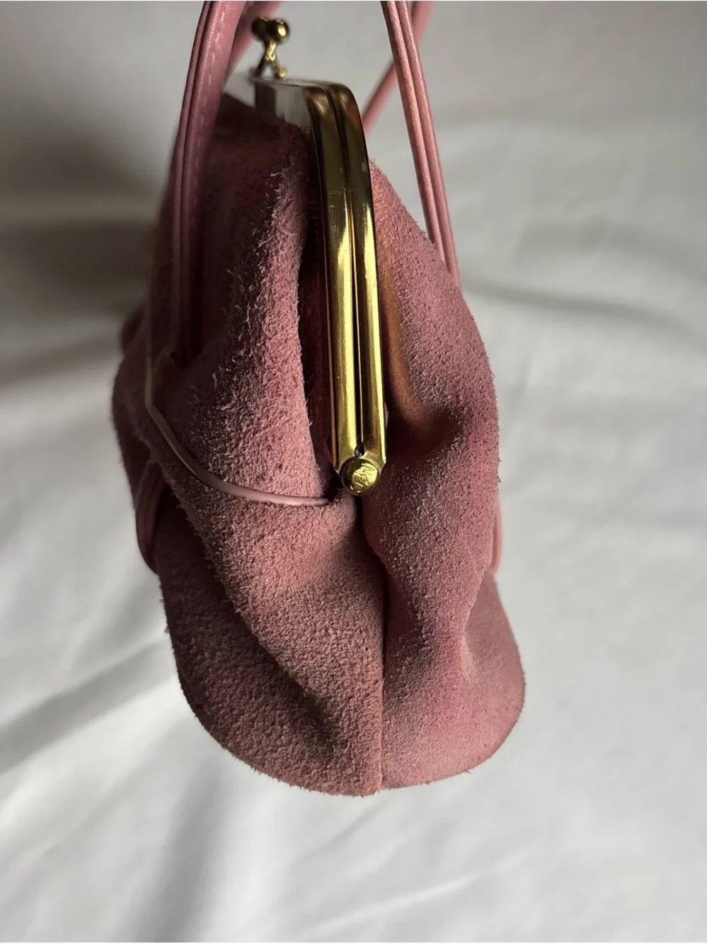 American Vintage Pink Suede Frame Clutch with Gold Trim